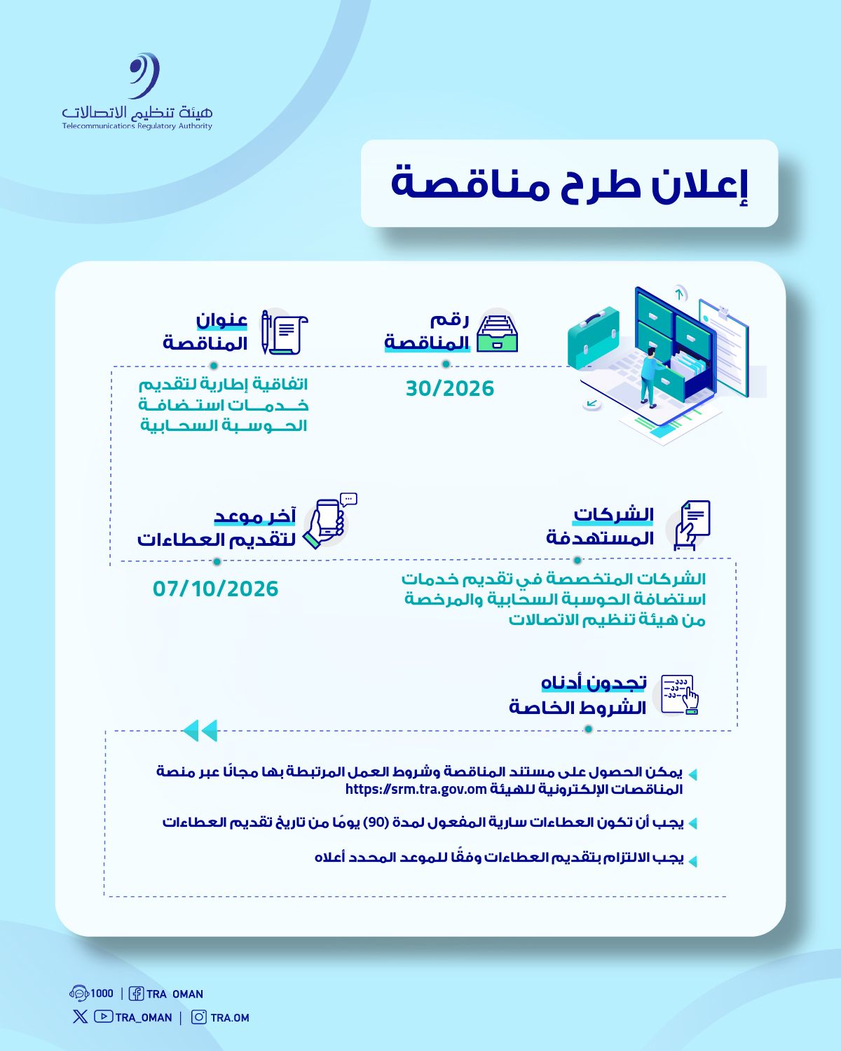 هيئة تنظيم الاتصالات تطرح مناقصة لتقديم خدمات استضافة الحوسبة السحابية