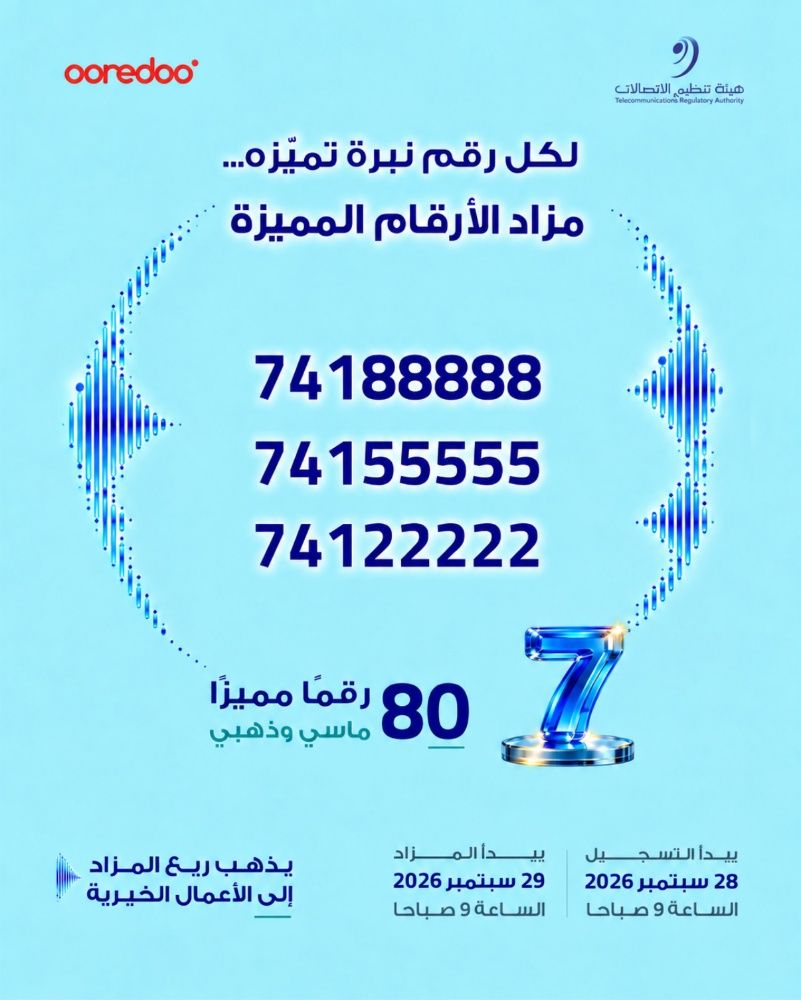 هيئة تنظيم الاتصالات تعلن عن مزاد لـ80 رقمًا ماسيًا وذهبيًا من أوريدو